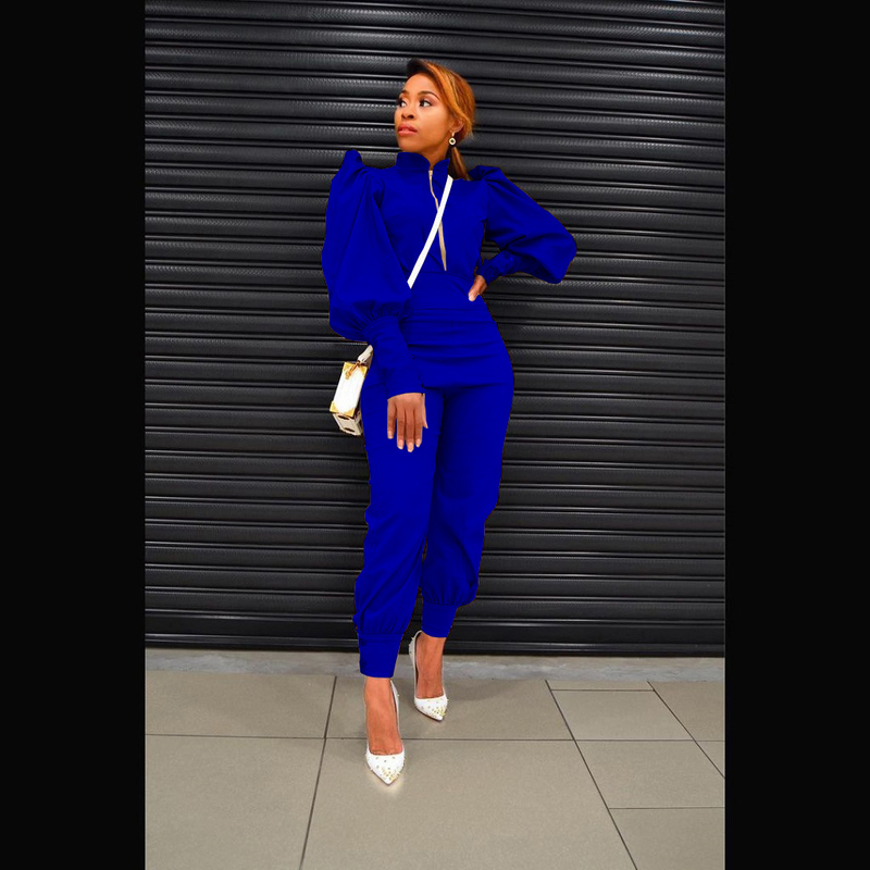 Damenbekleidung Mode Persönlichkeit Design Sinn für einfarbige Blase Ärmel Reißverschluss hoch taillierte Hose zweiteiliger Anzug_voghion.com