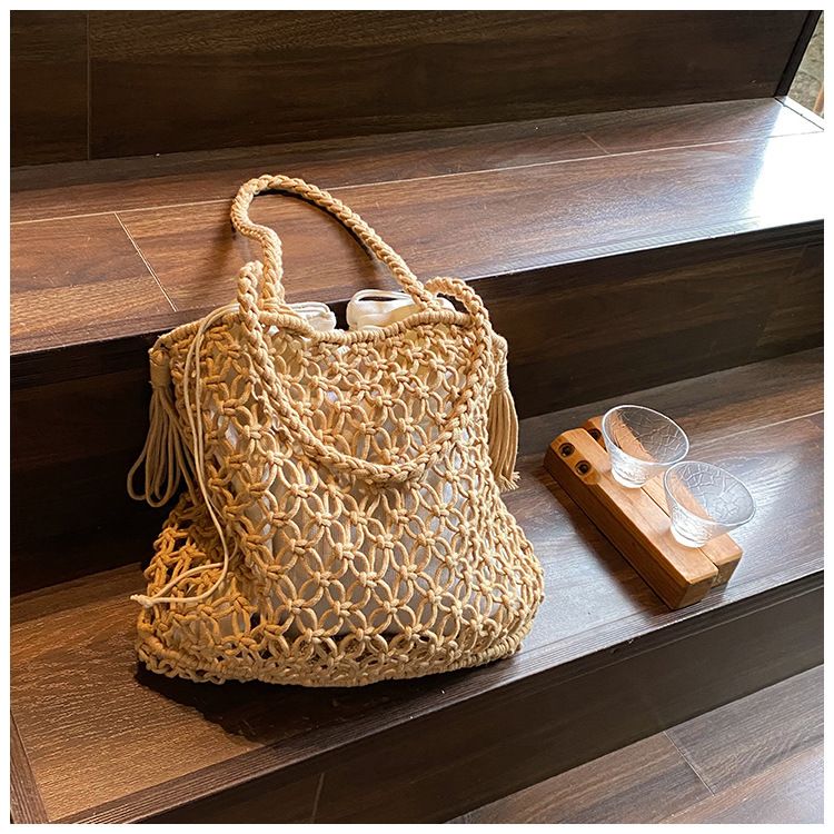 Vintage handgeweven strozak met franjes - Boheemse strandtas van netstof voor de zomervakantie, stijlvolle macramé schoudertas voor dames_voghion.com