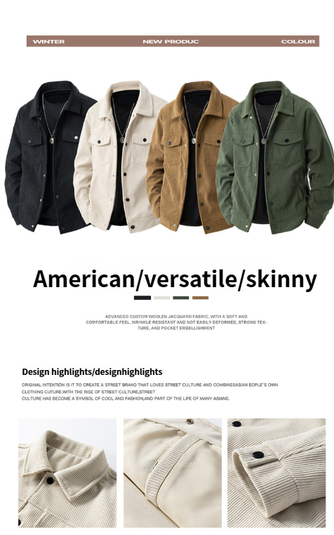 Frühling Herbst Neue Cord-Arbeitskleidung Reversjacke für Männer, lässiger Trendmantel für Jugendliche, stilvolle und vielseitige Oberbekleidung_voghion.com