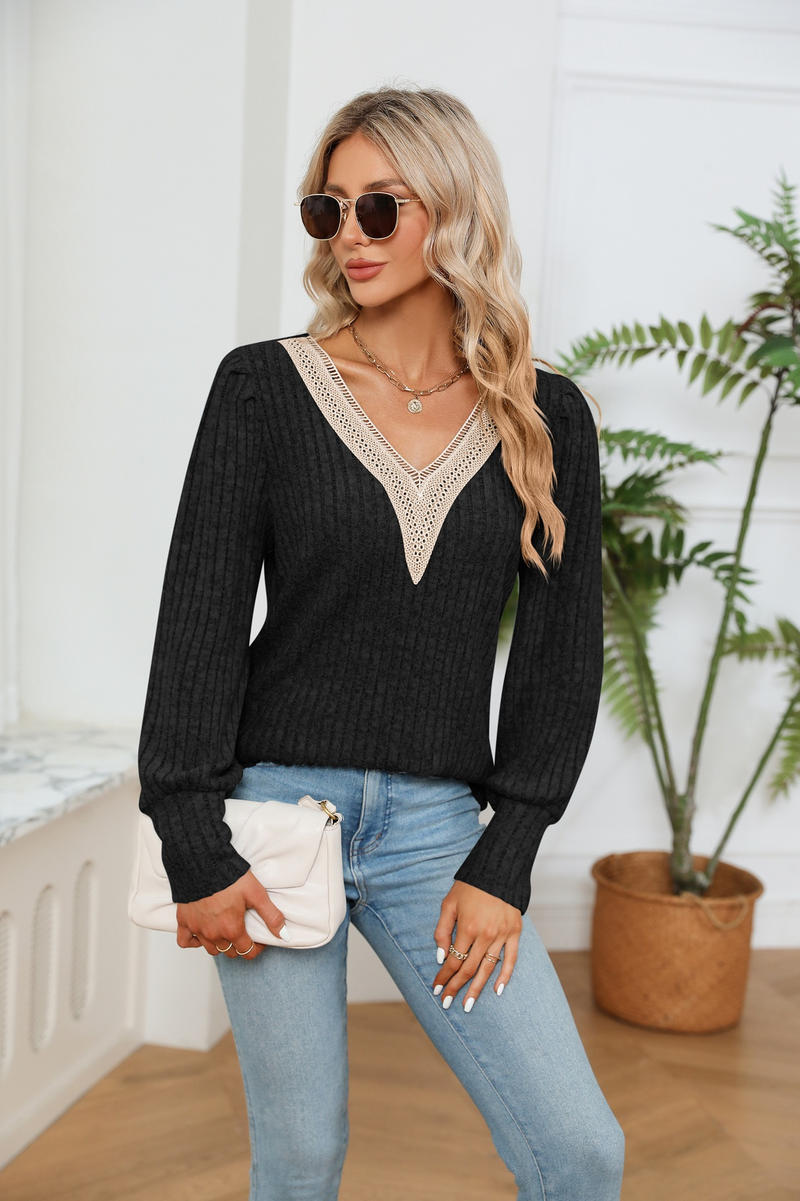 Damenbekleidung, Damen-T-Shirt mit V-Ausschnitt, Spitze, lockerer Grubenstreifen, gebürstet, lockeres Langarm-T-Shirt_voghion.com