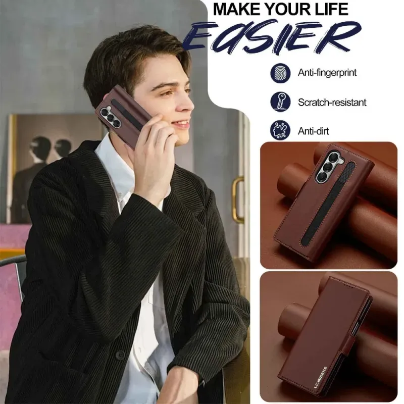 Capa de couro empresarial com suporte para caneta e compartimento para cartões para Samsung Z Fold 6, 5, 4, 3, 6, 5, 4 e 3, 5G_voghion.com
