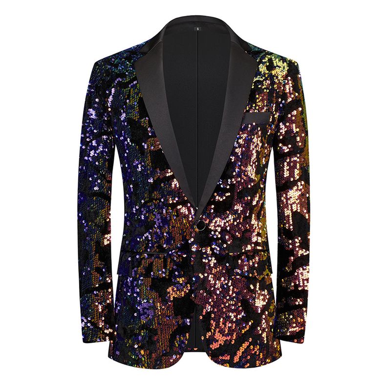 Sacou bărbătesc albastru cu paiete, guler plat, strălucitor, tip DJ, club de noapte, slim fit, costum de cântăreț_voghion.com