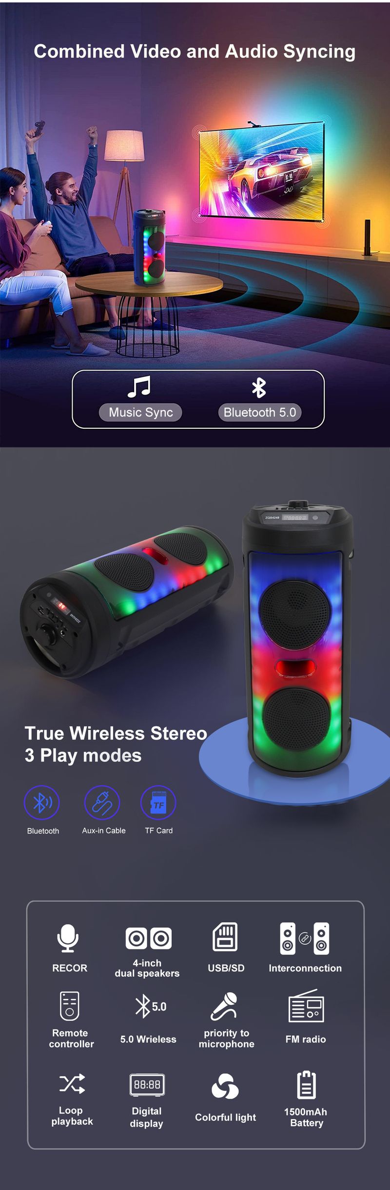 ZQS4248 Dvostruki 4-inčni punjivi stereo vanjski Bluetooth zvučnik s efektom plamena i magičnim svjetlom_voghion.com