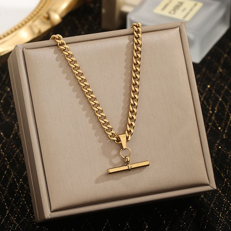 Colar com barra em T geométrico simples banhado a ouro em aço inoxidável com joias da moda Ins Style_voghion.com