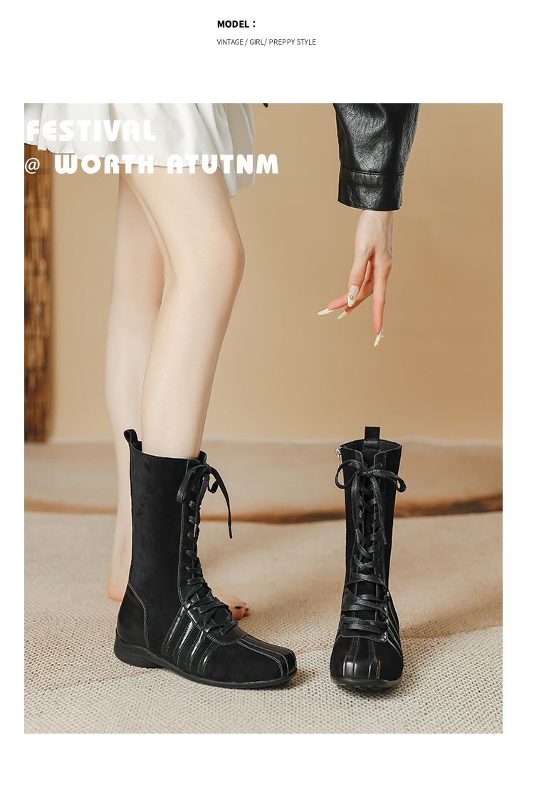 Koreaanse nieuwe retro ridder korte laarzen dames 2025 herfst en winter laarzen veter western laarzen niche platte zool kleur bijpassende korte laarzen_voghion.com