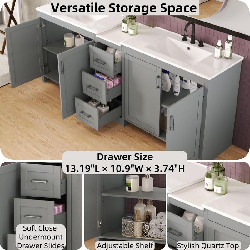 CREASION 84" White Double-Sink Bathroom Vanity: 2 Ceramic Sinks, Quartz Top, Adjustable Shelves, 3 Drawers, Silver Handles, Soft Close Hinges_voghion.com