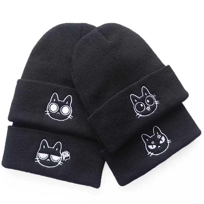 Unisex Cartoon weird cute emoticon cat embroidered knitted hat sleeve warm hat Hip hop wool hat_voghion.com