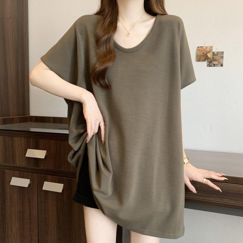 Women's Clothing V Neck Air Layer Large Version Solid Color Age Reducing T Shirt Simple Loose Slimming Temperament Top T-Shirt_voghion.com