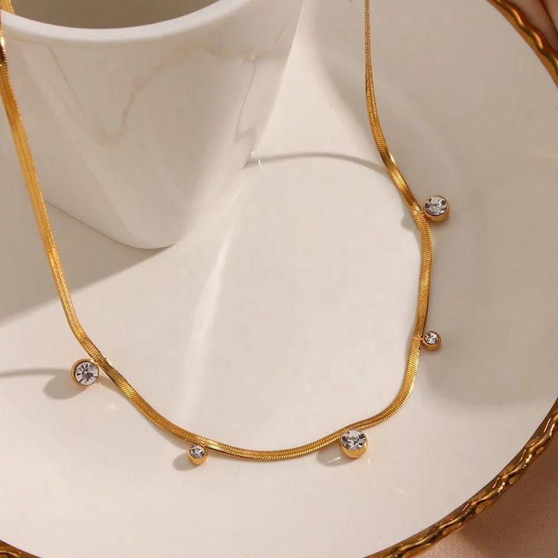 Ensemble de bijoux pour femmes, style rétro simple et tendance, chaîne ronde en acier titane plaqué or véritable et zircone_voghion.com