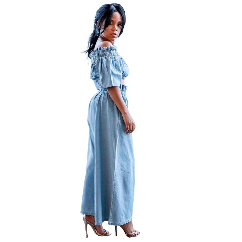 Audday New Off-Shoulder Crop Top With Ruffles, Short Sleeve, Wide-Leg Solid Color Denim Set For Women_voghion.com