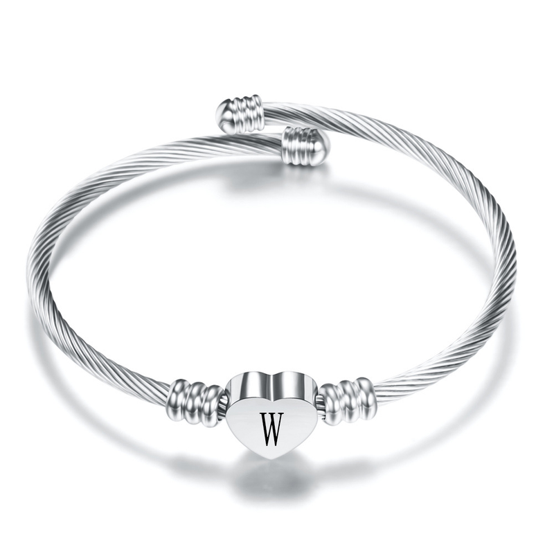 Initial Letter Cuff Bracelets Silver Heart Bangle Bracelet for Women English Alphabet A-Z Girls Birthday Jewelry_voghion.com