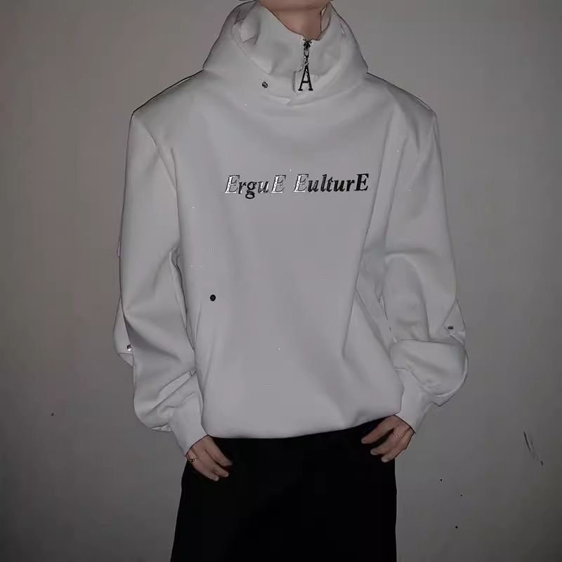 Felpa con cappuccio a collo alto a doppio strato con design sense per uomo, pullover versatile con bottoni in metallo di nicchia_voghion.com