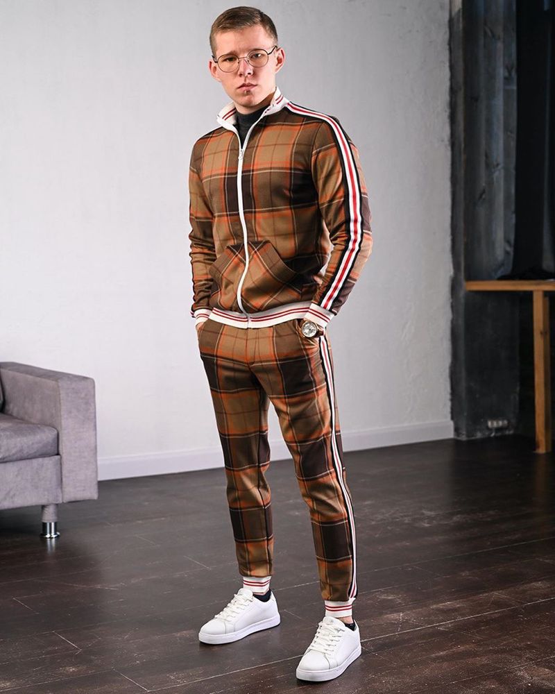 European and American striped sports casual suit men's large size slim sports trousers jacket two-piece set spring and autumn_voghion.com