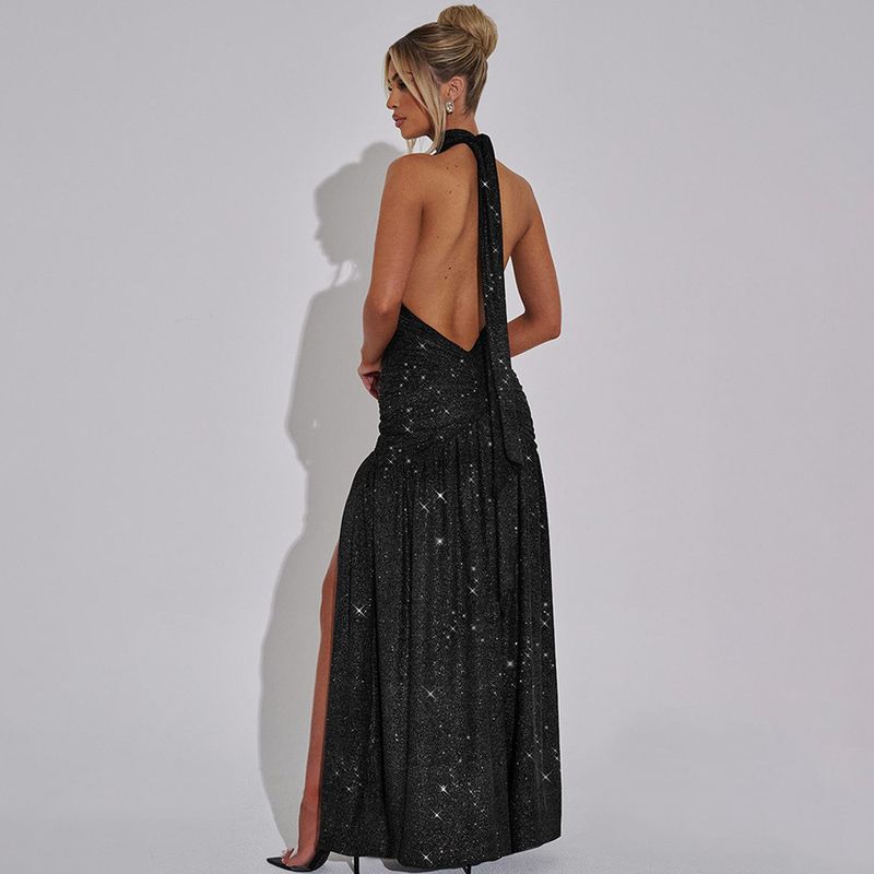 Elegantes Neckholder-Seidenkleid – rückenfreies Maxikleid mit V-Ausschnitt und Schlitz für den Abend und besondere Anlässe_voghion.com