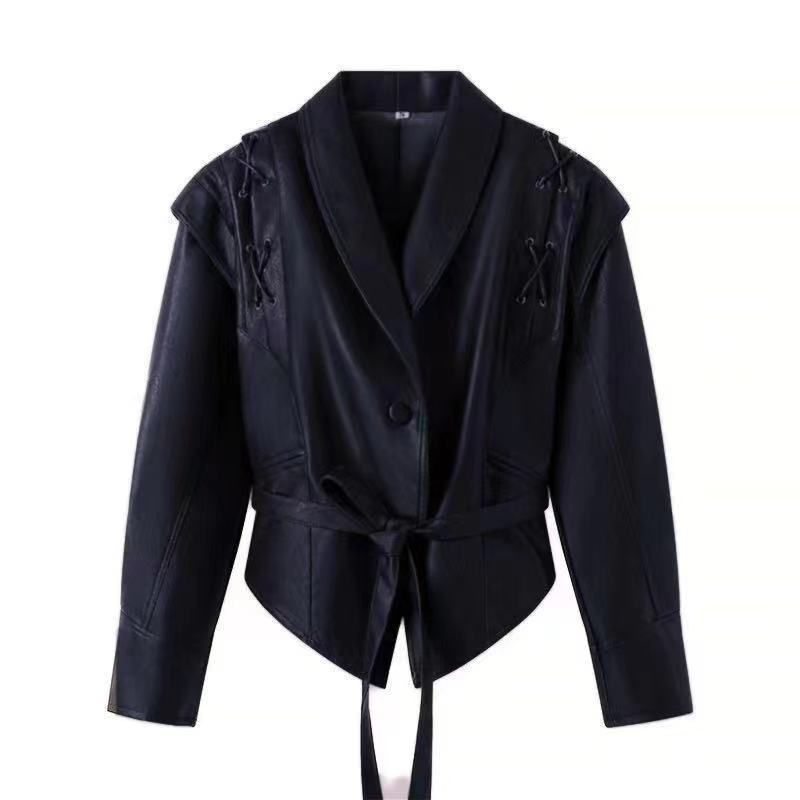 Ropa de mujer Primavera y otoño Nueva Chaqueta de cuero de un solo pecho con cinturón y cuello de fruta verde retro que combina con todo_voghion.com