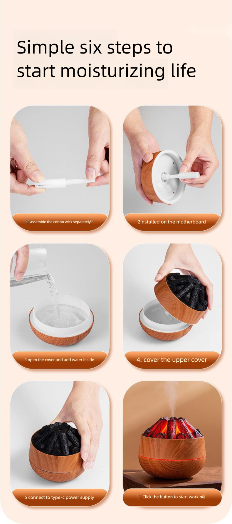 CE-zertifizierter Flammenbefeuchter mit Nachtlicht, 3-in-1-Aroma-Diffusor + 7-Farben-LED + Ultraschallnebel, USB-C-EU-Stecker_voghion.com