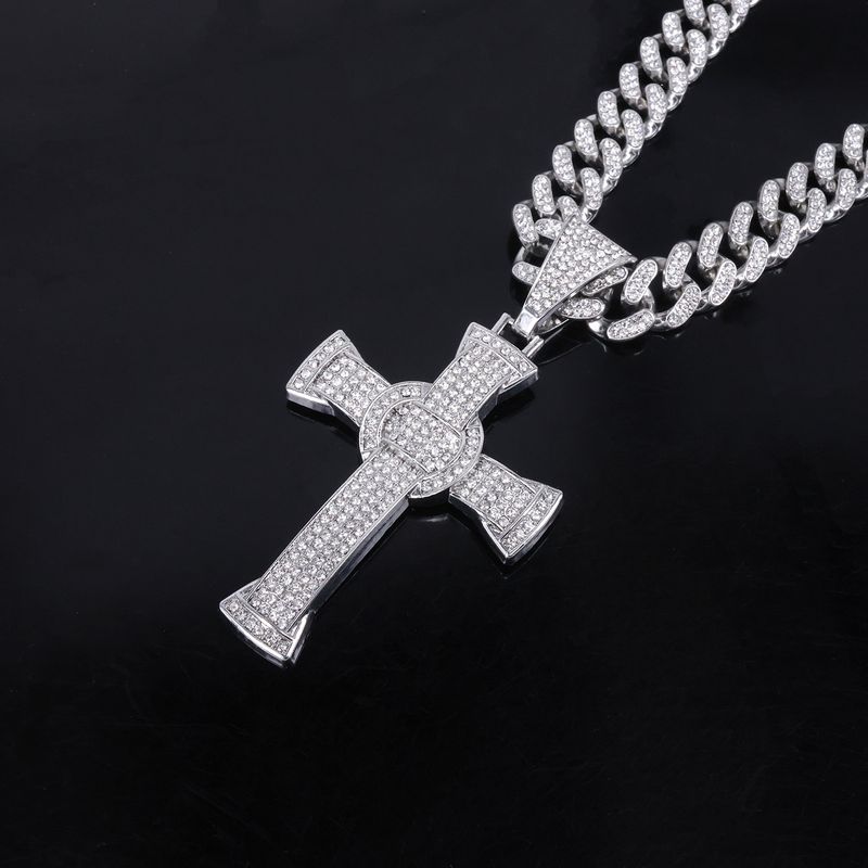 Ciondolo unisex in lega con croce e diamanti, da uomo, alla moda, stile rap hip hop, catena cubana_voghion.com