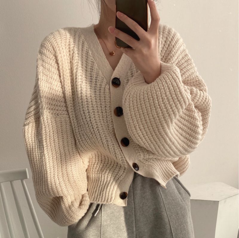 Korean Chic 2024 Herbst/Winter Lose Große Ausgabe Faul Laterne Langarm Strickjacke Kurze Pullover Jacke für_voghion.com