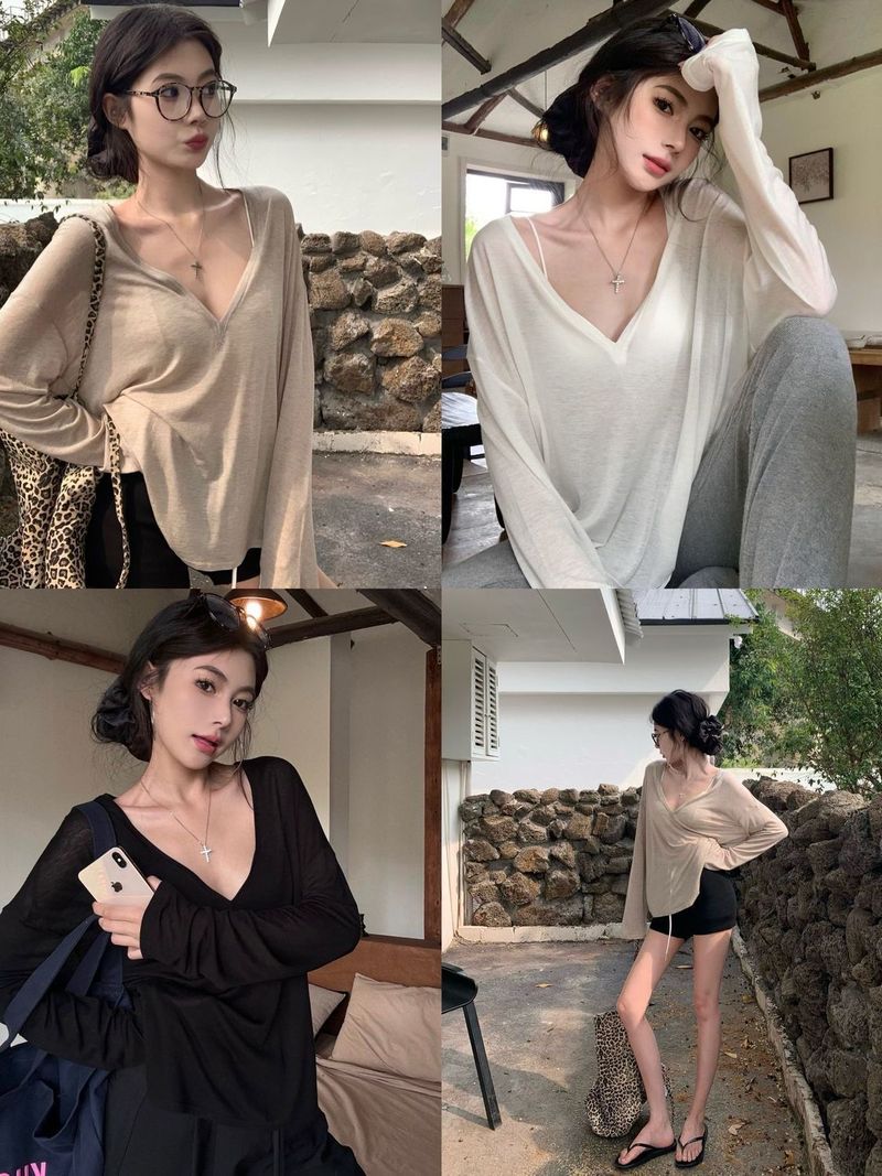 Ragazza Estate Aria Condizionata Sottile Copricostume Jazz Danza Stile Pigro Protezione Solare Top Scollo a V Profondo da Donna Leggermente Trasparente Largo_voghion.com