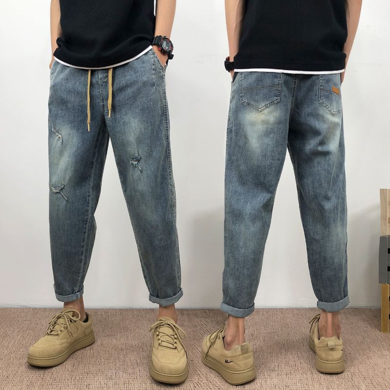 Spring Casual Thin Loose Wide-Leg Harem Trendy Brand Nine-Point Cool Workwear Light Denim Pants Men_voghion.com