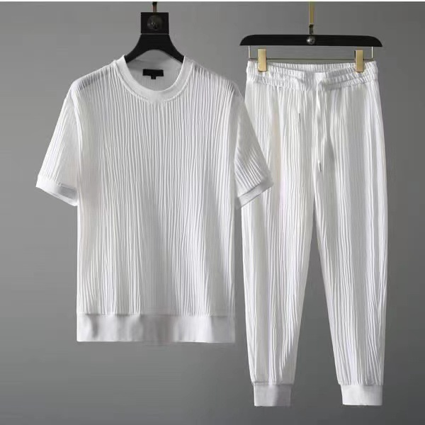 Men's Clothing Summer Thin Ice Silk Sports Men's Color Matching Pleated Large Size T Shirt Nine Point Pants Casual Two Piece Set Foreign Trade_voghion.com