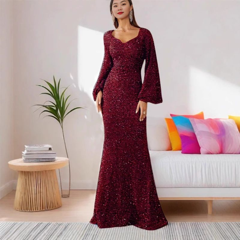 girl 2025 Spring Summer New Fashion V-neck Bodycon Sequin European And American Style Mid-waist Flared Sleeve Long Evening_voghion.com
