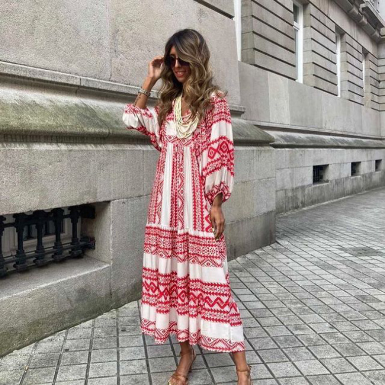 New popular geometric print bubble sleeve loose dress_voghion.com