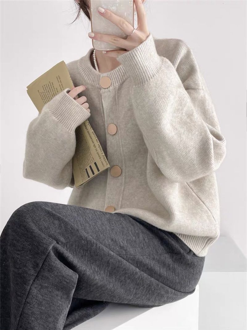 Elegant Single-Button Knit Cardigan For Women – Oversized Boho Chic Cropped Sweater Coat In Soft Round Neck (Coffee Brown, Beige, Oatmeal, Red)_voghion.com