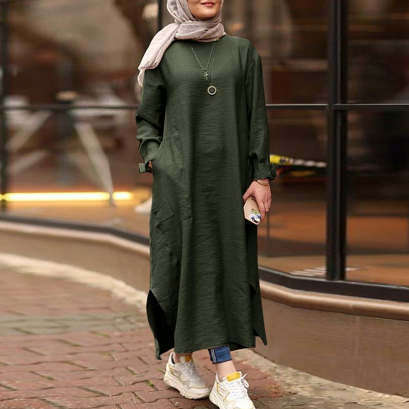 Vintage Ramadan Muslimische Damen Langes Top Kleid Abaya Split Midi Kleid Volle Ärmel Vestidos Weibliche Solide Taschen Robe Abayas_voghion.com