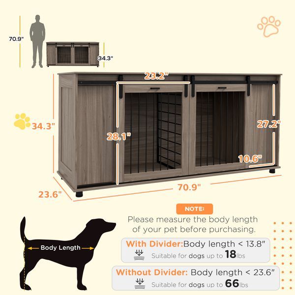 PawHut 71' Modern Dog Kennel Furniture With Removable Divider, Storage, For 2 Small Dogs Or 1 Large Dog, Walnut_voghion.com