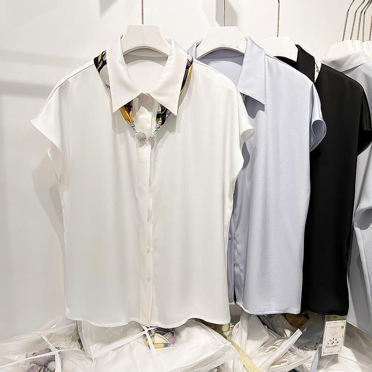 Camicia da donna estiva sottile con risvolto, in chiffon, a maniche corte, con decorazione in seta e sciarpa, stile temperamento_voghion.com