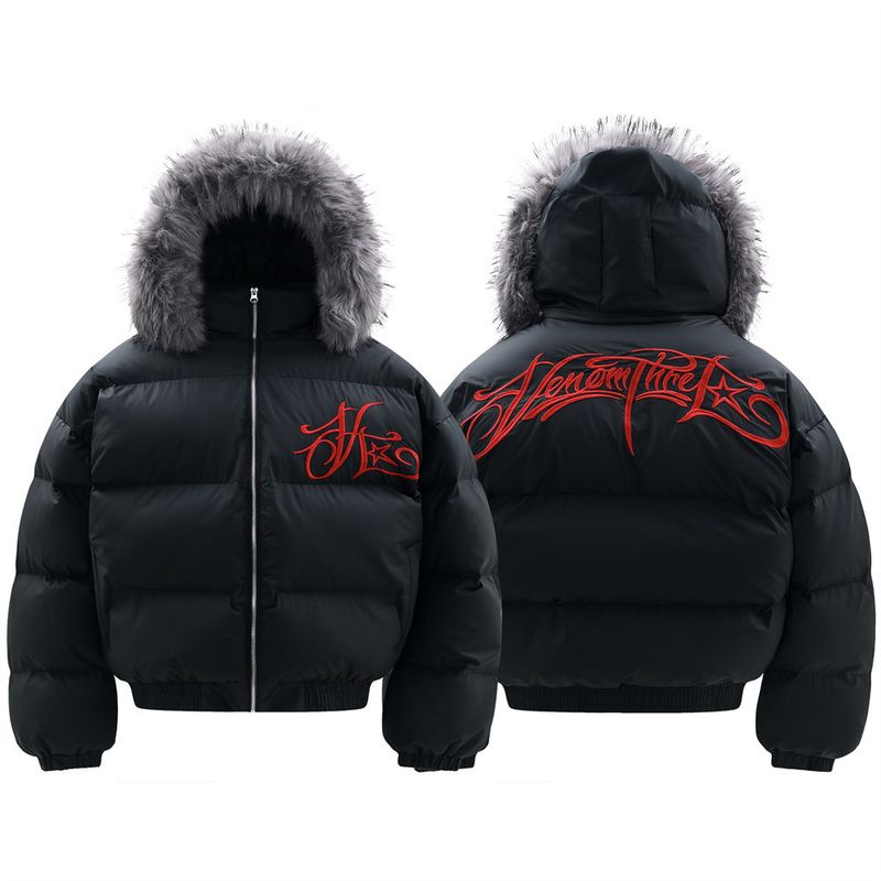 Chaqueta de algodón con capucha y cuello de piel bordada con letras góticas para hombre, moderna chaqueta de invierno gruesa con cuello alto desmontable_voghion.com