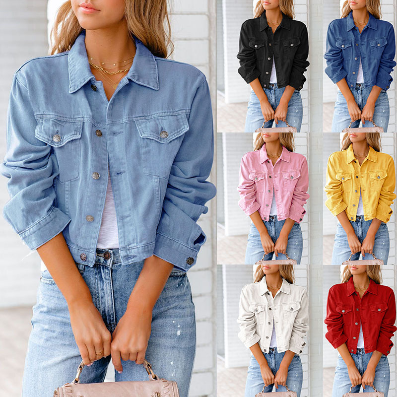 Short Denim Coat Women Single Breasted Spliced Long Sleeve Pockets Casual Jacket Outwear Jeans Vintage Jackets Autumn_voghion.com