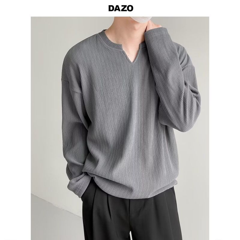 Lässiges weißes V-Ausschnitt-Top mit High-End-Design, plissierter Drapierung, Rundhals-Langarm-T-Shirt, Herrentrend_voghion.com