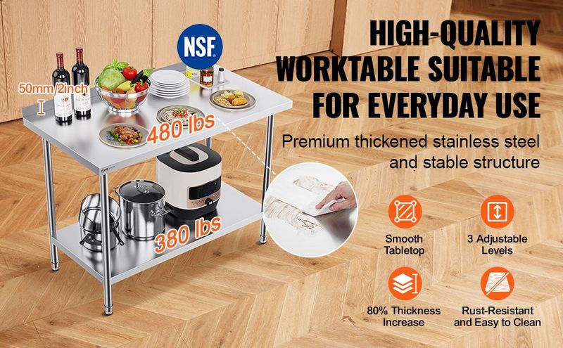 VEVOR 24 X 48 X 36 Inch Stainless Steel Work Table, Commercial Food Prep Worktable Heavy Duty Prep Worktable, Metal Work Table With Adjustable Height For Restaurant, Home And Hotel_voghion.com