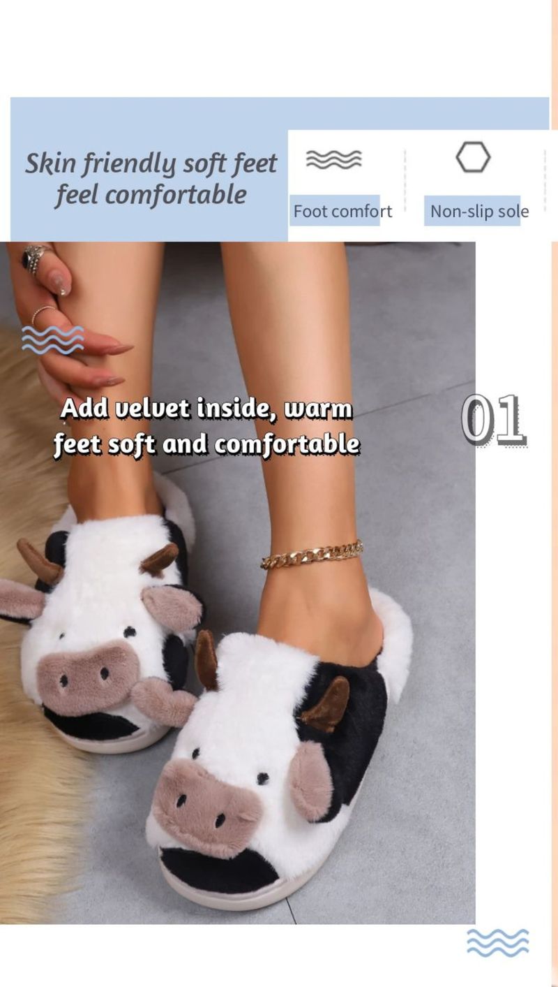 Nuove pantofole invernali da interno soffici, simpatiche mucche da cartone animato Baotou, spesse e calde, in peluche di cotone_voghion.com