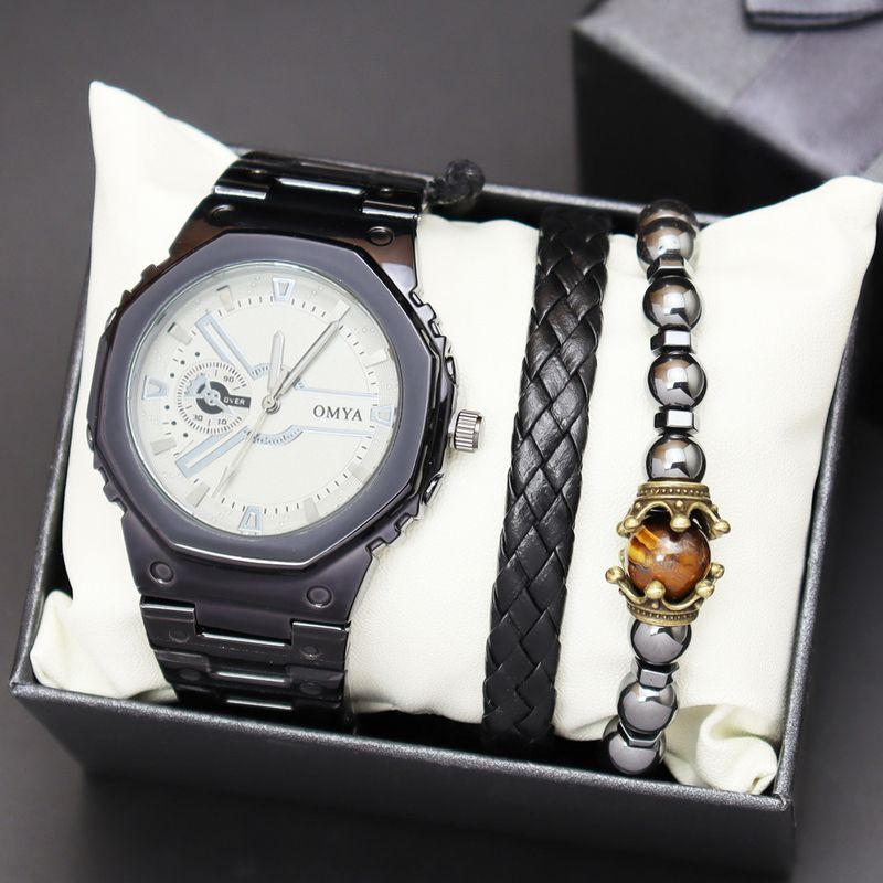 Geschenkbox Uhrenset Herren Quarz Wasserdicht Kalender Uhr Armband Stahlband_voghion.com