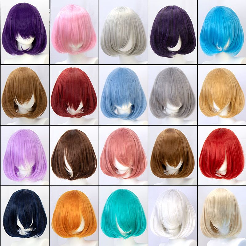Hot selling TALANG Synthetische Korte Bob Steil Haar 35 CM Met Trimbare Pony Lolita Ombre Roze Rood Blauw Paars Cosplay pruik Voor_voghion.com