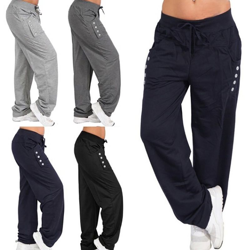 Pantalones deportivos de talla grande para mujer, de color sólido, con cordón, largos, informales, holgados, con cintura elástica, pantalones activos, pierna ancha_voghion.com