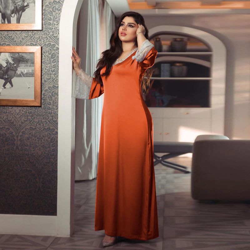 Abito lungo da donna in maglia di diamanti con paillettes in raso per donne musulmane_voghion.com