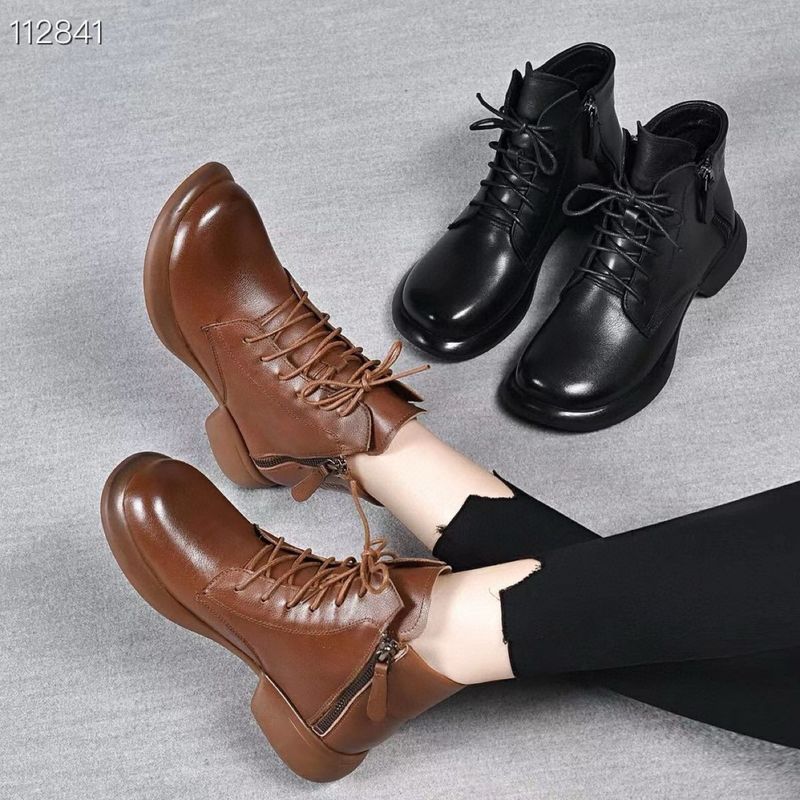 2025 Autumn Winter New Style Short With Turn-down Collar, Double Zipper Martin Top Layer Cowhide Flat Boots, Women's_voghion.com