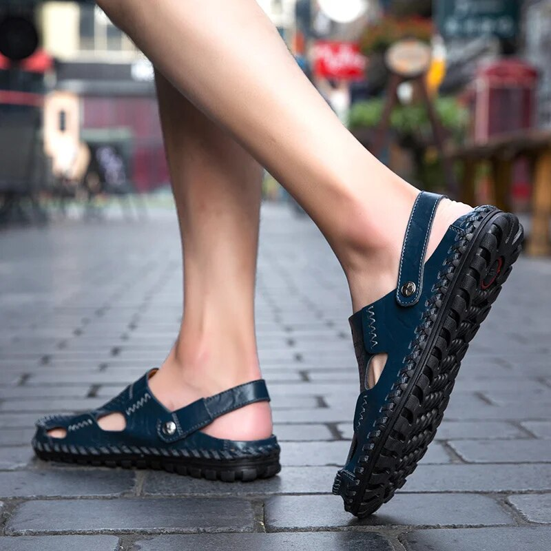 Men's Casual Summer Beach Sandals Closed Toe Walking Outdoor Sandals Slip-On Comfortable Leather Shoes For Man_voghion.com