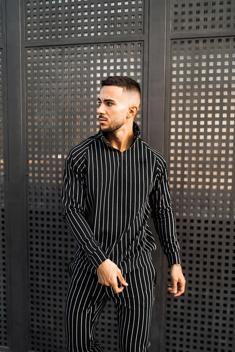 2024 New Spring and Autumn Stripe for Men's Fitness Running Long sleeved Sweater Slim Fit Pants Set_voghion.com