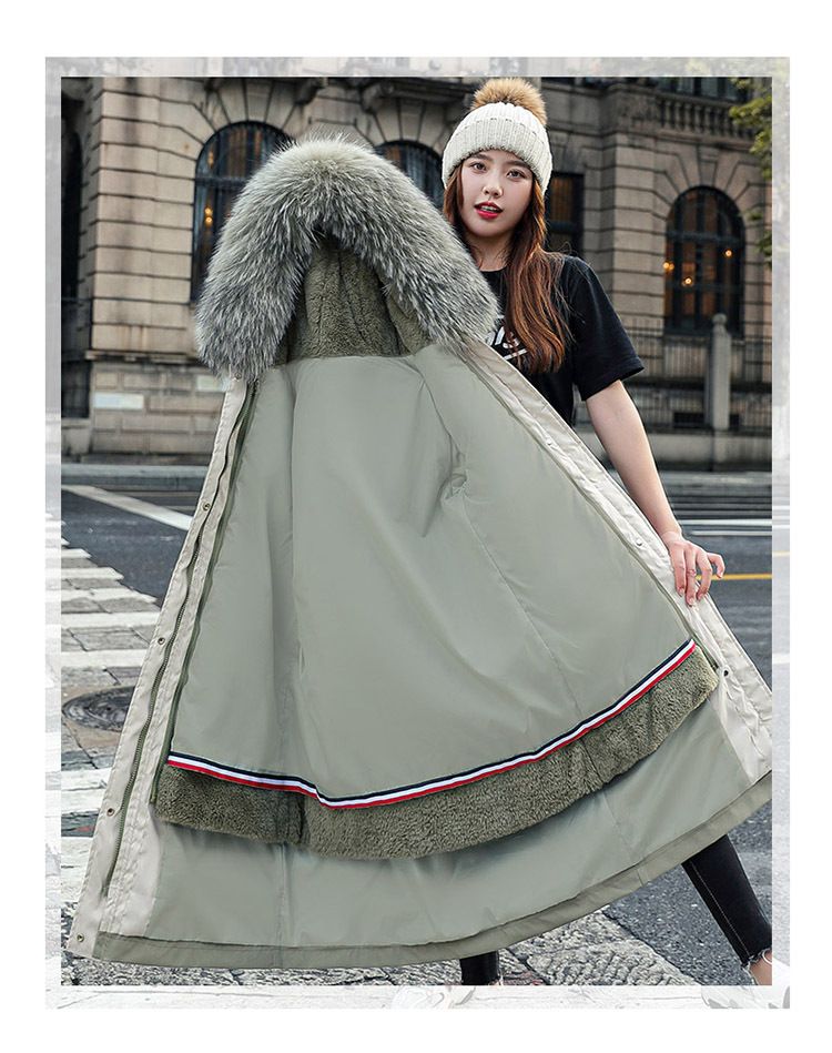 Giacca lunga da donna in cotone a tre vie con fodera in peluche staccabile e collo basso in pelliccia_voghion.com