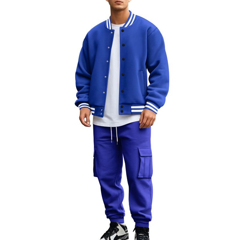 Autumn Winter American Style Stand Collar Baseball Jacket With Fleece Lined Pants Loose Fit Men's Sports Suit_voghion.com