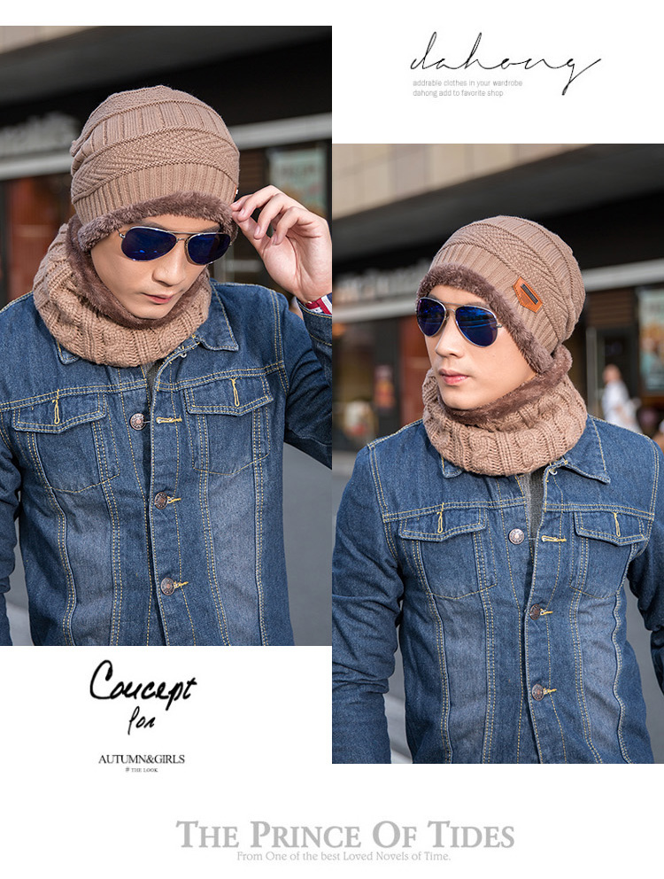 Cappello invernale da uomo alla moda per l'autunno e l'inverno, cappello lavorato a maglia da uomo, più cappello pullover e sciarpa in velluto di lana ispessita_voghion.com