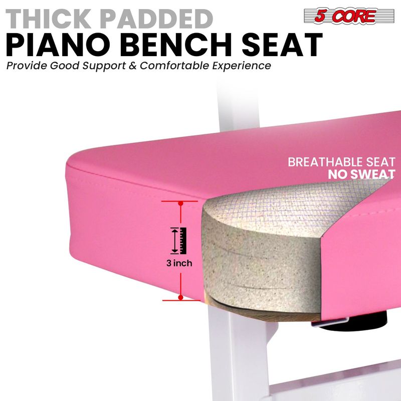 5 CORE Piano Bench Height Adjustable Keyboard Stool Stool Heavy Duty Thick Padded Cushioned Seat With Backrest - PNB B-REST PNK_voghion.com