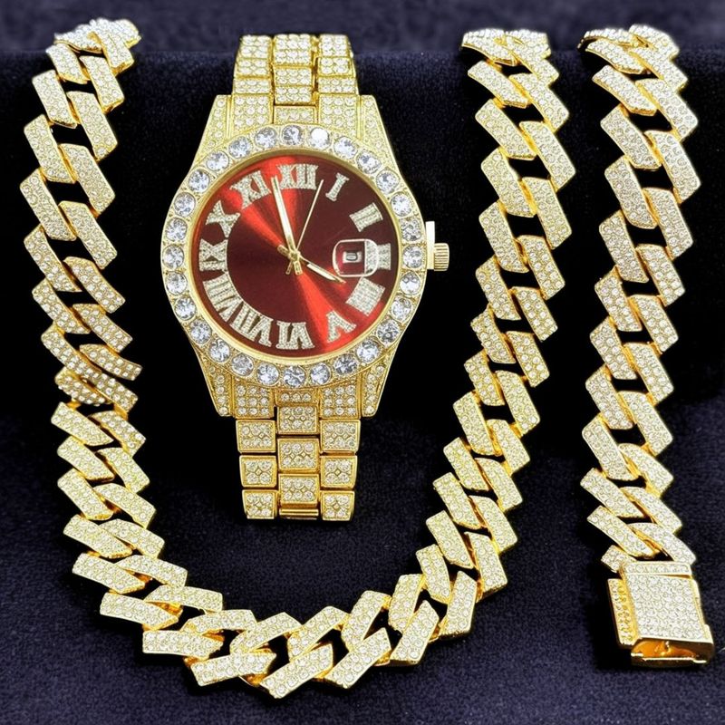 Ensemble de bijoux tendance hip-hop, montre unisexe à chaîne en or avec micro-incrustations de zircon cubain et diamants._voghion.com