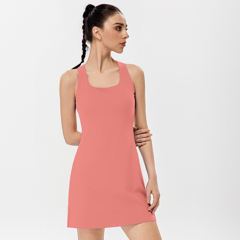 001 Cross-border Backless Solid Color Yoga Tennis Skirt Lightweight Breathable Outdoor Fitness Running Golf Sports Dress For_voghion.com