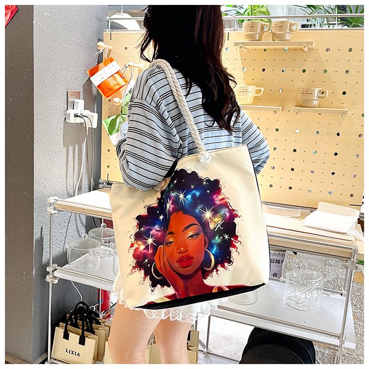 Outdoor Practical Versatile Retro Canvas Bag Cartoon Printed Portable Beach Bag Large Capacity Tote Bag_voghion.com